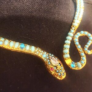 Unique snake design gold and turquoise embellished necklace
